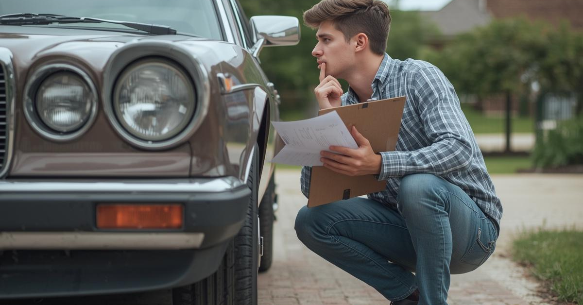 Men checking his car if he will qualify for a title loan