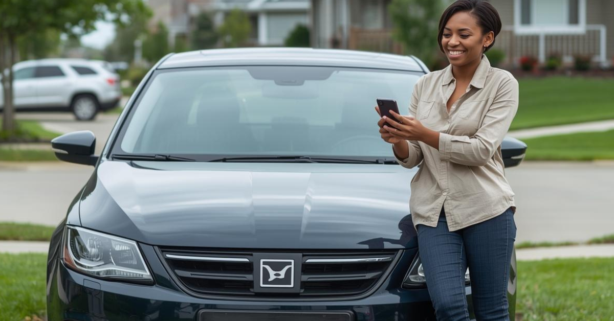 women checking her mobile phone to see if she can get a title loan