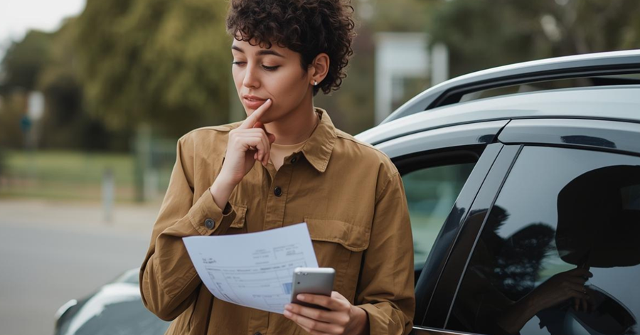 Person standing beside a car reviewing paperwork and a phone, related to a title loan.