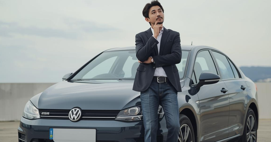 Man standing thoughtfully in front of his car, considering a title loan.